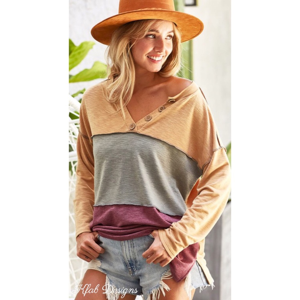 ❤️LAST! V Neck Slub French Terry Color Block Stitching Detail Henley Top! - Picture 3 of 7